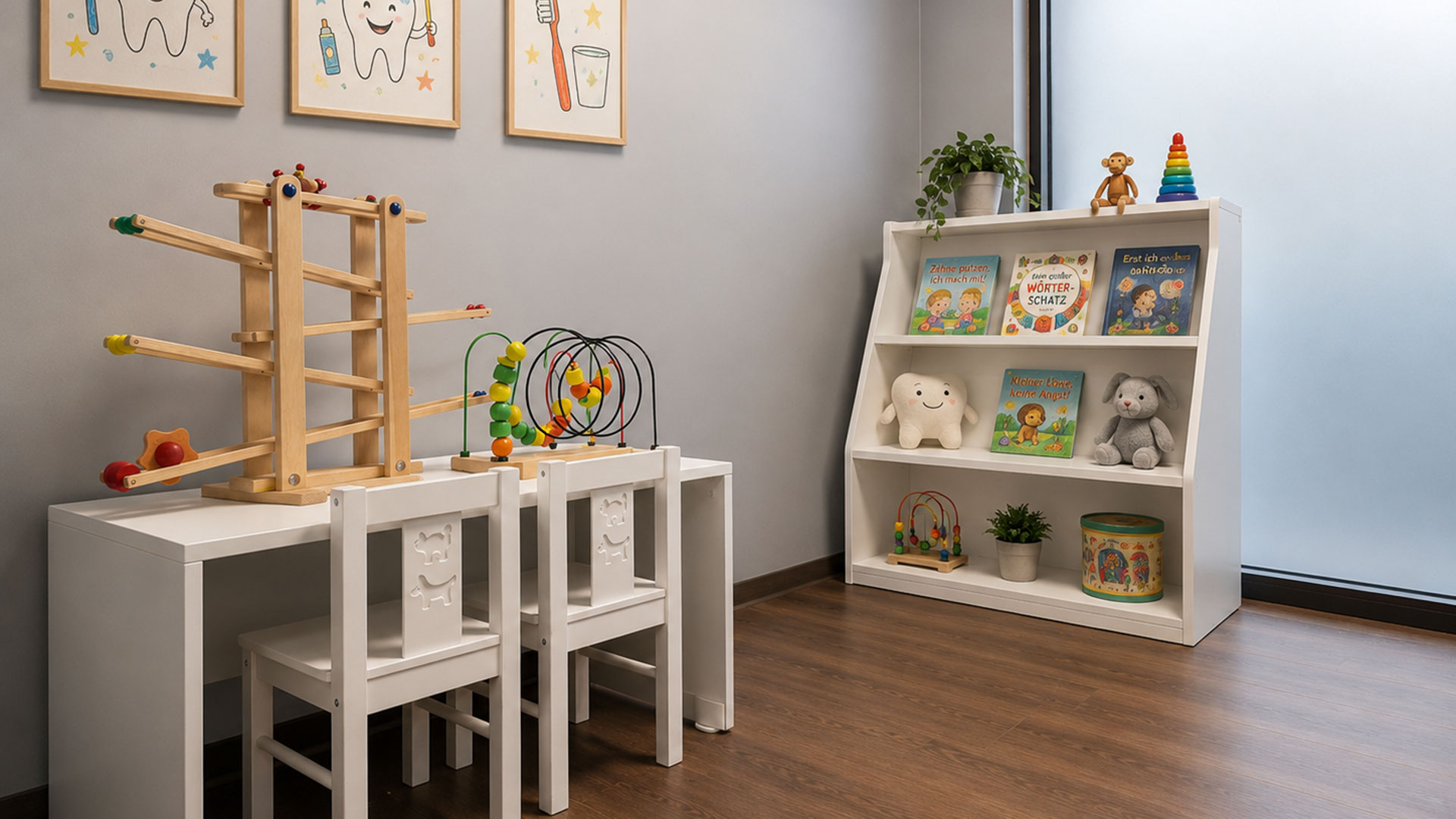 Freundliche Spielecke mit weißem Tisch, Holzspielzeug und Bücherregal in Grau