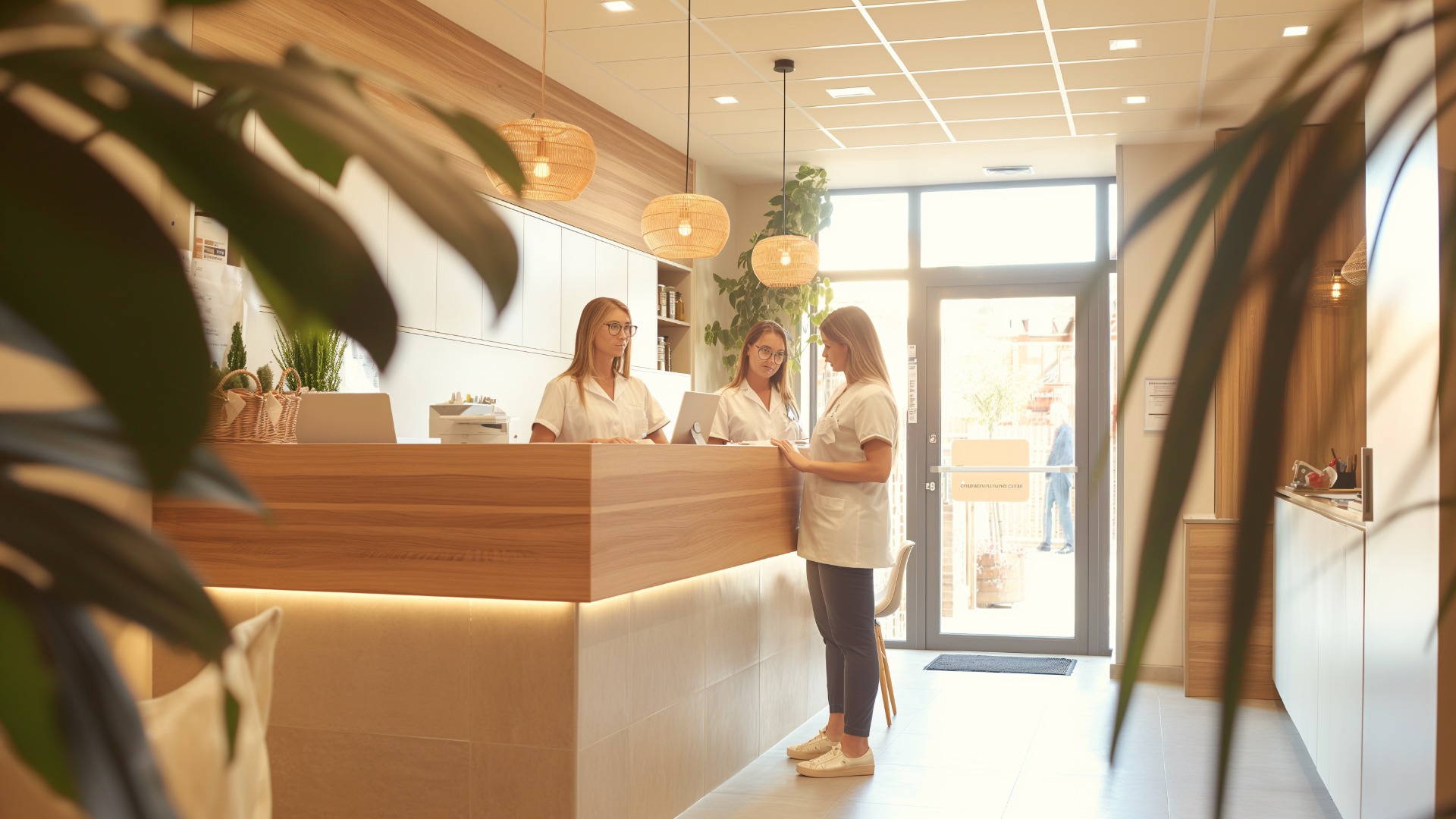 Foto von Empfangsmitarbeitern einer Zahnarztpraxis, die Termine vereinbaren und Fragen zu Patienten stellen, bei natürlichem Licht