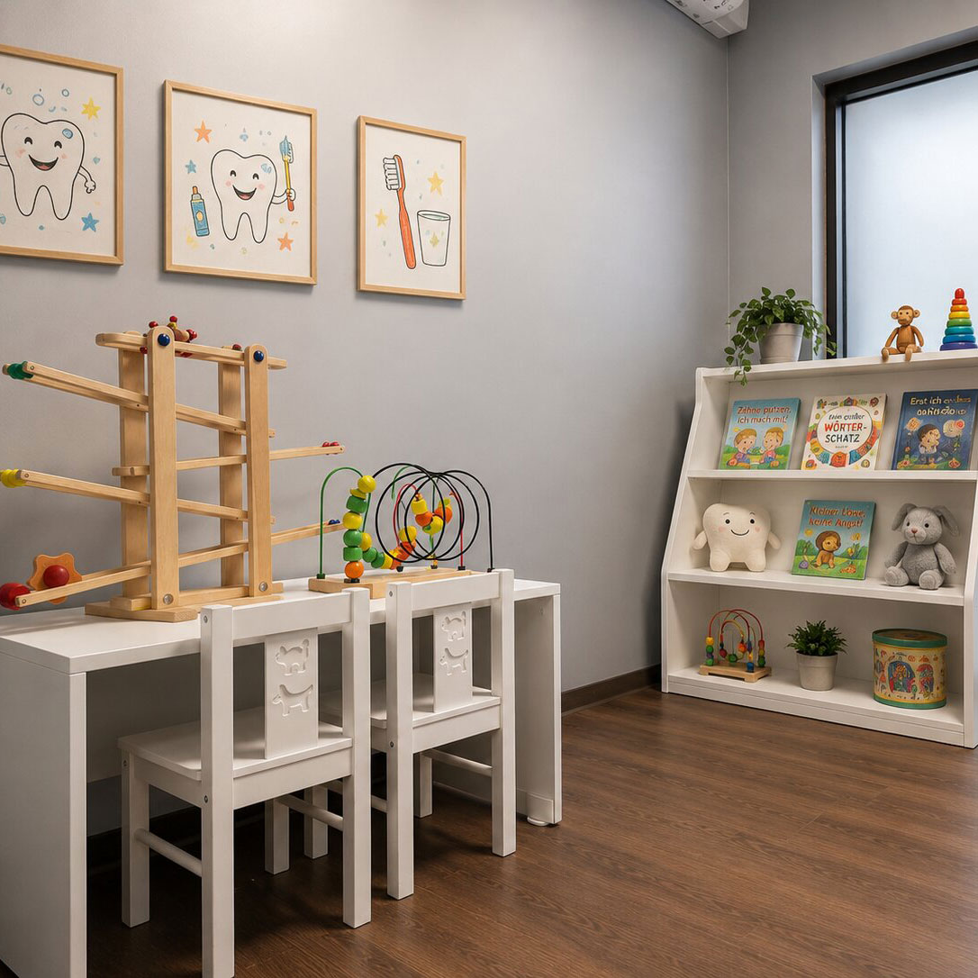 Kinderfreundliche Spielecke einer Zahnarztpraxis mit Holzspielzeug und Buechern