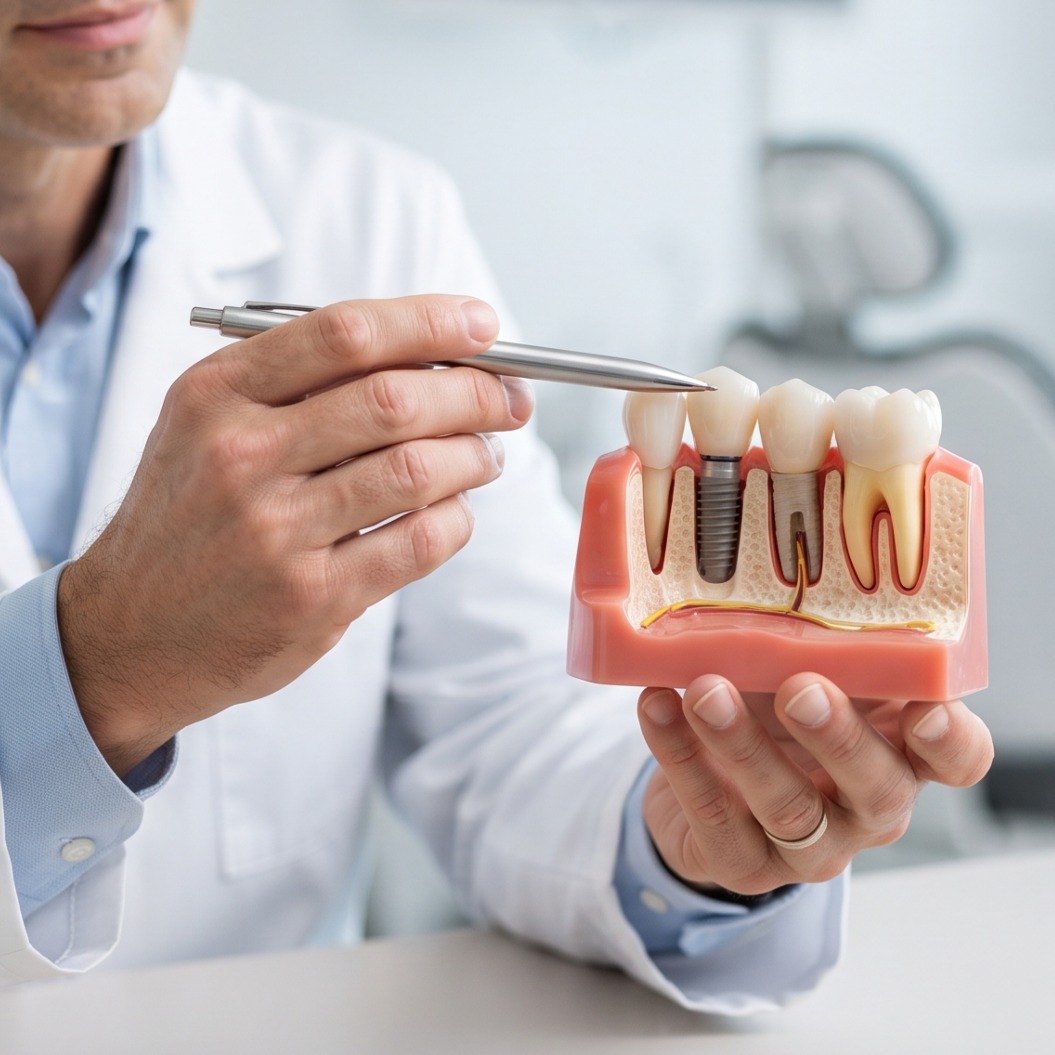 Ein männlicher Zahnarzt erläutert einem Patienten anhand eines anatomischen Kiefermodells den Ablauf einer Zahnimplantatbehandlung